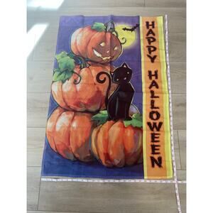 Vintage Outdoor Porch Flag Happy Halloween Pumpkin & Black Cat Jack-O-Lantern JL